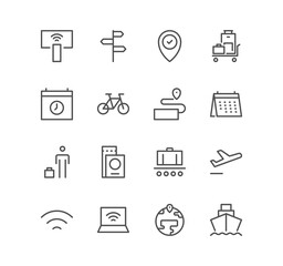 Set of travel and tourism icons, hotel, vacation, journey, transportation and linear variety symbols.	
