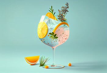 Gin tonic cocktail drink. flat illustration style. Generative AI - obrazy, fototapety, plakaty