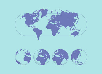 Fototapeta na wymiar World map and earth globe in different positions, business presentation, travel, tourism, education concept flat illustration. 