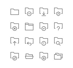 Set of file and folder related icons, repository, sync, network folder and linear variety symbols.
