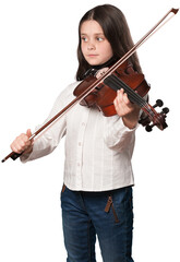Young girl playing violin isolated on white