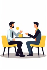 Obraz premium A job interview. Vector flat modern illustration of a man talking to a young man with laptop. Isolated on background