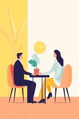 A job interview. Vector flat modern illustration of a man talking to a young woman. Isolated on background