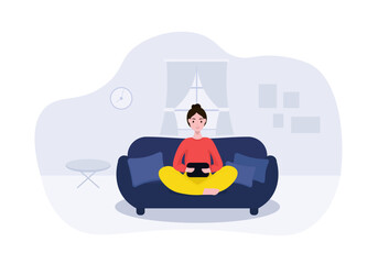 Cartoon character of young woman looking on tablet when sitting on sofa. Usage of social networks. Modern urban lifestyle. Popular blogger or influencer. Vector