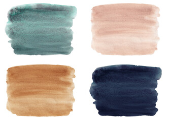 Set of watercolor backgrounds in different colors: dark green and dark blue (indigo), terracotta and pastel beige. Hand drawn abstract textures.