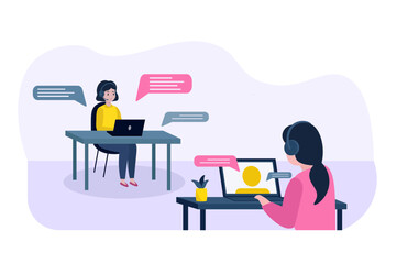 Cartoon characters in headsets working as technical support operators. Online call center representatives. Hotline operators helping clients. Customer service communication. Vector