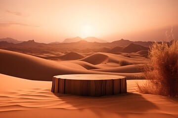 Professional desert photography with empty podium mockup and a sunset backdrop. Generative AI