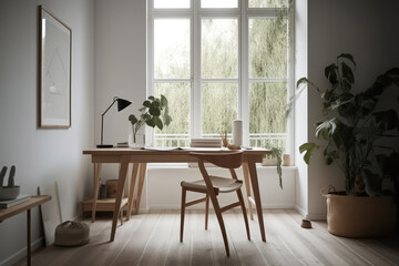 Fototapeta na wymiar Scandinavian Style Home Office With Minimalist Desk, Comfortable Chair, And Plenty Of Natural Light. Generative AI