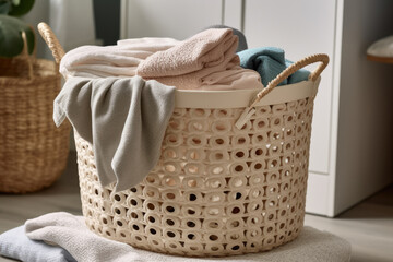 Fototapeta premium Shot Of Neatly Organized Laundry Basket With Separate Compartments For Different Types Of Clothing. Generative AI