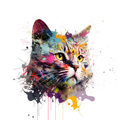 Cat made of colorful paint splashes on white background - Generative AI