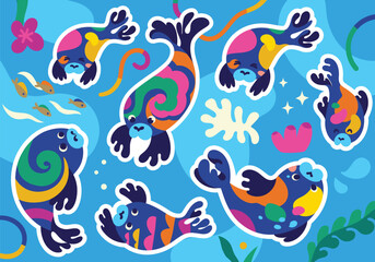 Collection with cute bright seal characters. Vector sticker set
