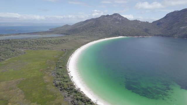 Wineglass Bay Beach In Freycinet National Park, Tasmania, Australia - aerial panoramic