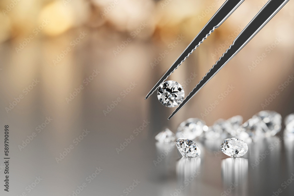 Poster brilliant crystal diamond and tweezers on a black background with objects soft focusing 3d rendering