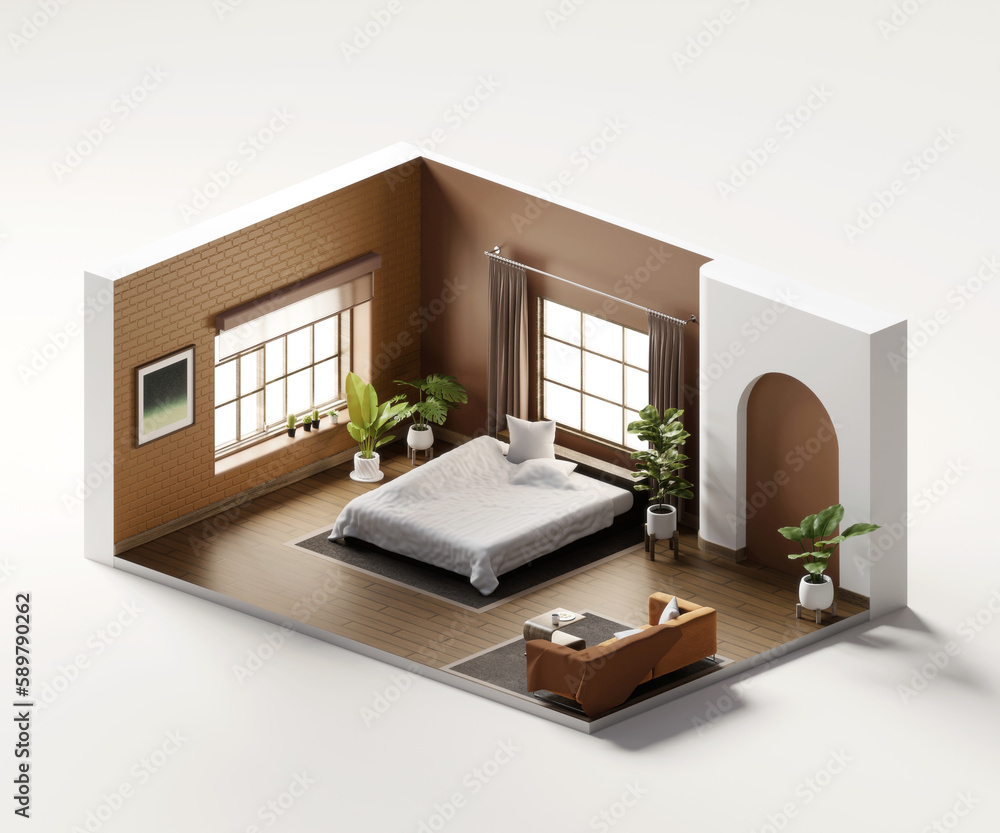 Poster isometric view bed room open inside interior architecture 3d rendering digital art