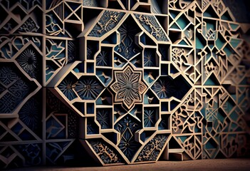 Arabesque, 3D Mosaic Tiles arranged in the shape of a wall. Concrete, Semigloss, Bricks stacked to create a Polished block background. 3D Render. Generative AI