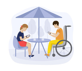 Cartoon characters of couple using social networks when drinking coffee. Young people looking on smartphones in cafe. Modern urban lifestyle benefits. Vector