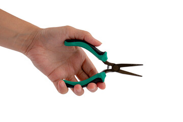 hand holding pliers isolated on the transparent background