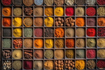 Indian Spices Arranged In Colorful Pattern. Generative AI