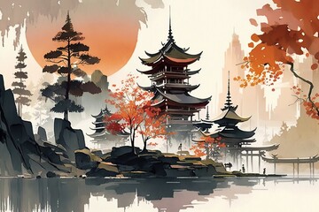 Obraz premium japanese landscape in watercolor with a fairy garden, ink landscape painting created digitally Generative AI