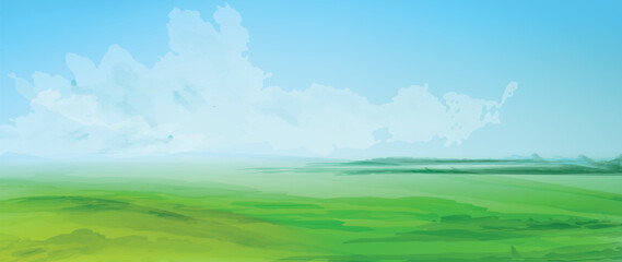 Obraz na płótnie Canvas Minimal nature banner, fields and sky. Green grass, blue sky. Watercolor textured vector illustration. 