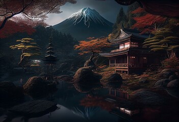 Beautiful Japanese landscape. Generative AI