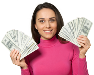 Young happy woman with dollars in hands. Isolated on white background.