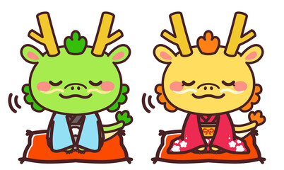 着物を着た辰のかわいいキャラクター　男女　お辞儀　イラスト