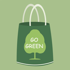 Eco bag with text vector Illustration. Reusable shopping bag with lettering Go Green. Ecology shopping. Handbag with typography