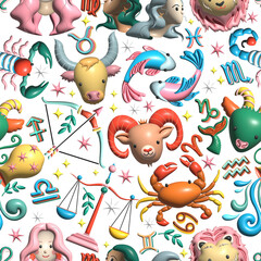 12 Cute 3D illustration Zodiac signs seamless pattern  , Zodiac icons astrological pattern Horoscope symbols,