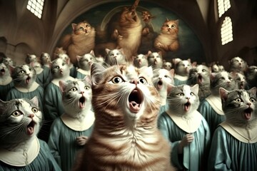 Gospel choir made of cats illustration generative ai