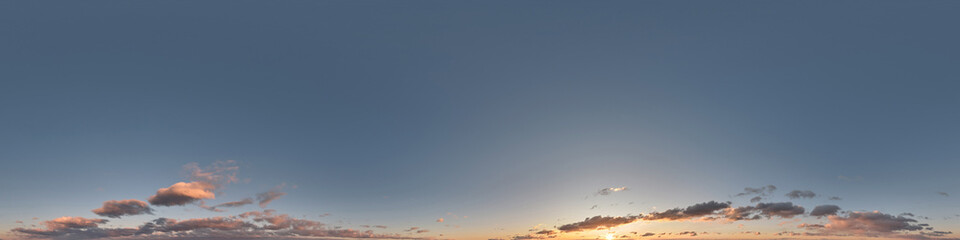sunset sky with evening clouds as seamless hdri 360 panorama view with zenith in spherical equirectangular format for use in 3d graphics or game development as sky dome or edit drone shot