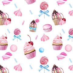 Seamless pattern with cupcakes and sweets