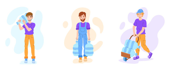 Set of cartoon characters of young men delivering water. Couriers carrying purified drinkable liquid bottles. Express city courier services. Process of doorstep delivery to home. Vector