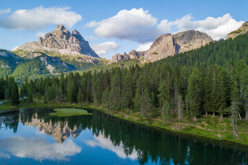 Aerial view of Lake Antorno in Dolomites, Italy.