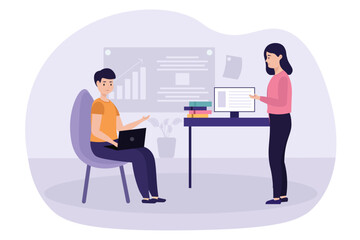 Cartoon characters of young man and woman working as programmers in office. People developing and testing new software. Idea of coworking space. Vector