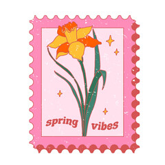 Beautiful retro hand-drawn post stamp with Daffodils. Spring vibes greeting card.