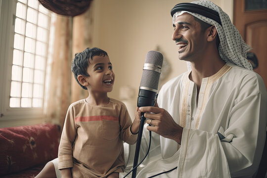 Happy Father's Day. Muslim Father sing with his son at home in modern interior. Celebration. Generated AI