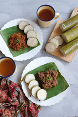 Popular Muslim food in Malaysia. Lemang, Beef Rendang and Beef Serunding Food. During Ramadan month, these food along with other popular gourmet are available in bazaar, pasar malam and shopping malls