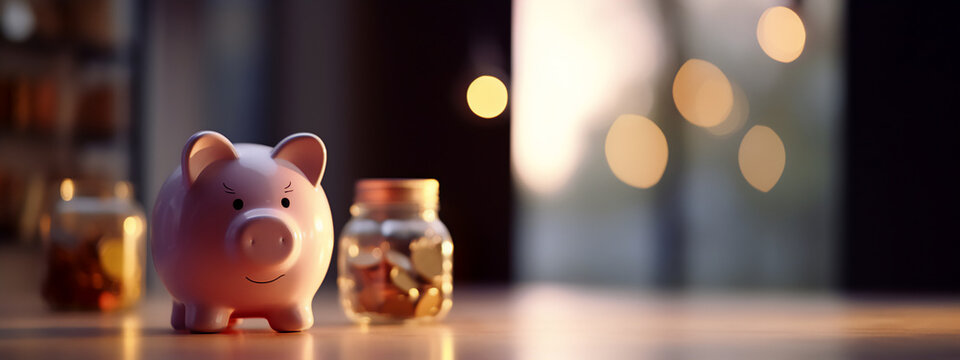 photo of piggy bank with gold coins bokeh background, generative ai, digital illustration.