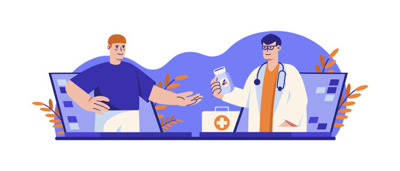 Young doctor providing modern healthcare services via Internet. Process of giving online consultation to patients. Video call meeting with therapist. Vector