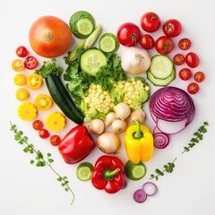 Obraz na płótnie Canvas Healthy vegetables arranged in heart shaped design on white background. Healthy food concept. Top view. Generative ai.