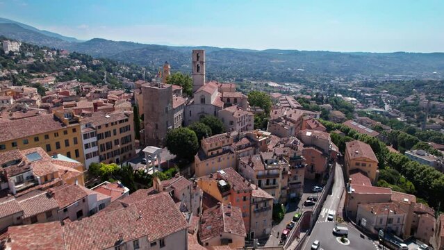 drone flight over the roofs of Grasse Old Town in South France