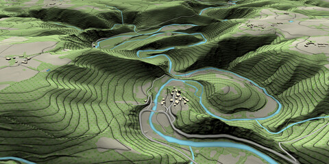 Vue aérienne de paysage vallonné et méandre de rivière en territoire montagneux - Rendu 3d modèle numérique de terrain avec courbes de niveau