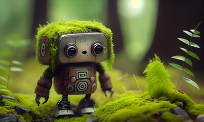 A cute tiny modern robot is strolling through the woods, its body is constructed of green moss. Generative AI - obrazy, fototapety, plakaty
