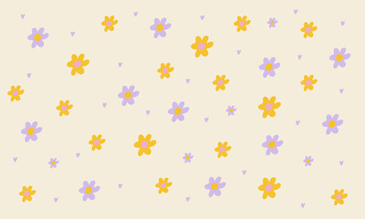 Fototapeta na wymiar Vintage groovy pastel retro background with flowers. Cute colorful trendy vector illustration in style 70s, 80s.