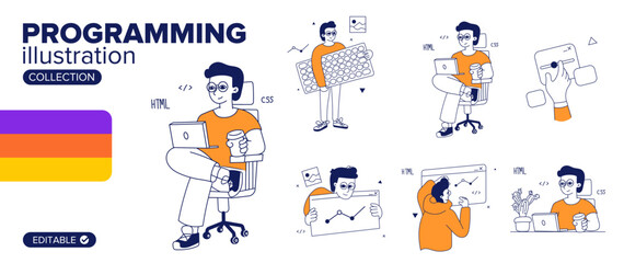 Set of illustrations for programming. Various characters working on web development and app development on computers. Software developers. Flat vector style illustrations.