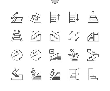 Stairs. Escalator airport, elevator. Go down, up. Emergency exit. Pixel Perfect Vector Thin Line Icons. Simple Minimal Pictogram