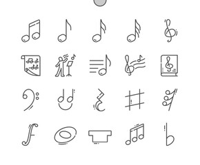 Music note. Song, melody or tune. Treble clef, sixteenth note and other. Semibreve. Pixel Perfect Vector Thin Line Icons. Simple Minimal Pictogram