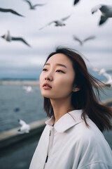 Portrait of a beautiful young asian woman on the beach with seagulls in the background