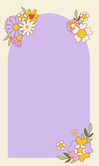 Vintage groovy pastel retro vertical background with flowers. Cute colorful trendy vector illustration in style 70s, 80s.